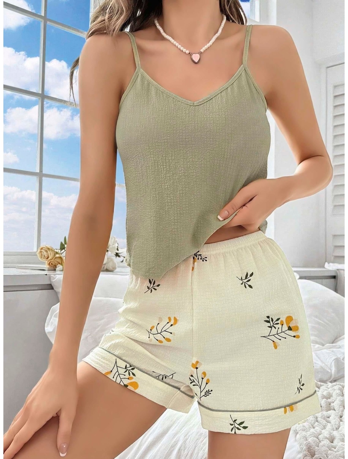 Kadın Ekru Çiçek Baskılı Şortlu Gecelik Pijama Takımı 5099, Beden: S/m, Renk: Ekru görsel 4