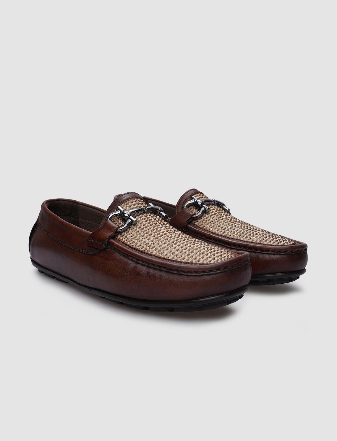 Cabani %100 Hakiki Deri Siyah Örgü Detaylı Erkek Loafer