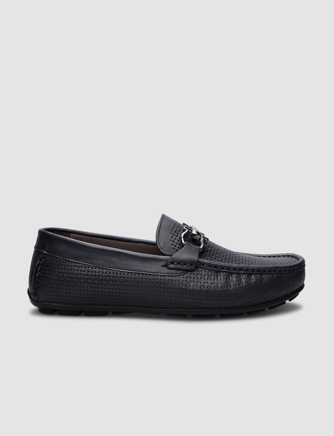 Cabani %100 Hakiki Deri Lacivert Örgü Desenli Erkek Loafer