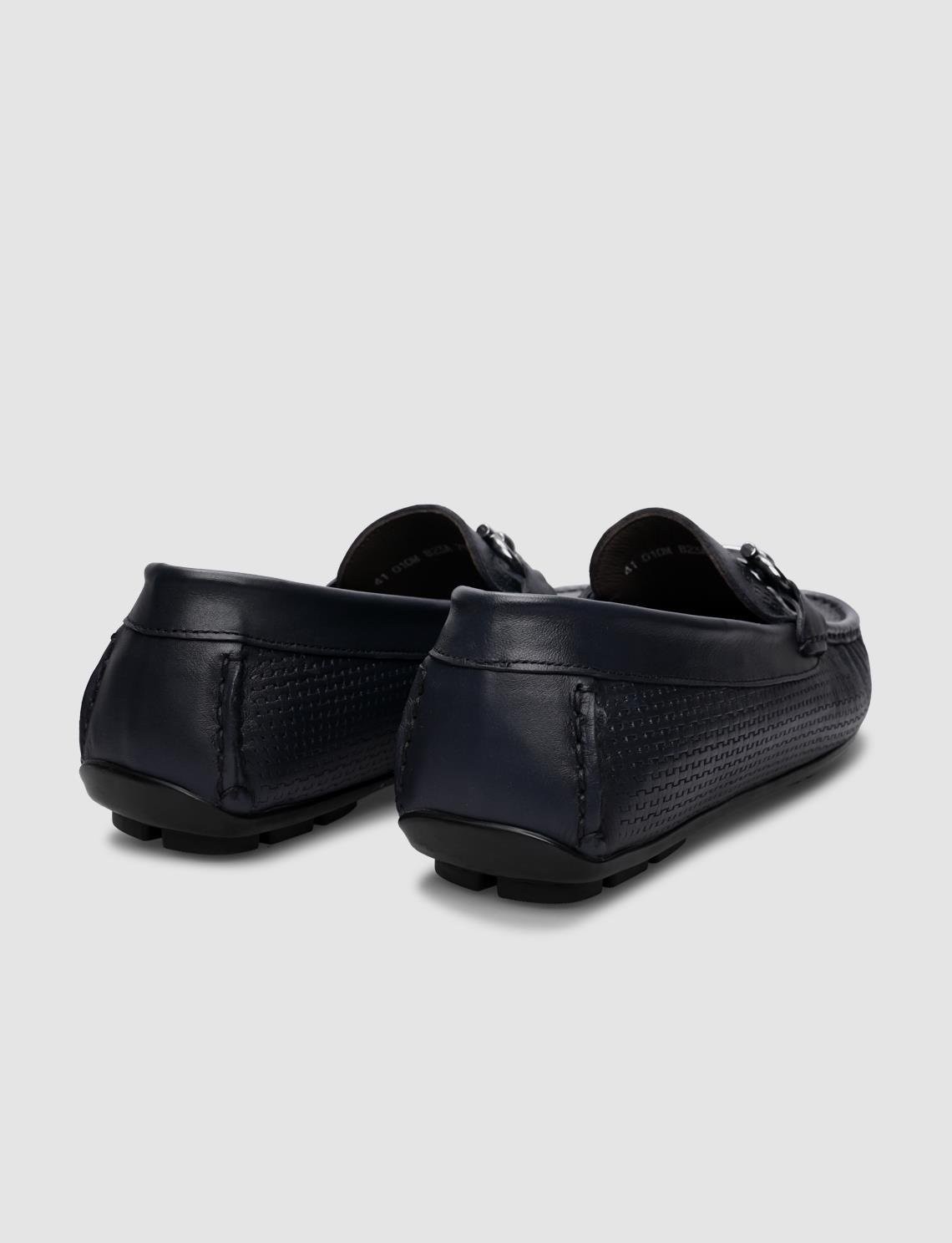 Cabani %100 Hakiki Deri Lacivert Örgü Desenli Erkek Loafer görsel 3