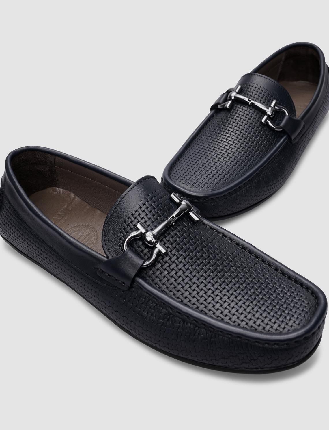 Cabani %100 Hakiki Deri Lacivert Örgü Desenli Erkek Loafer görsel 5