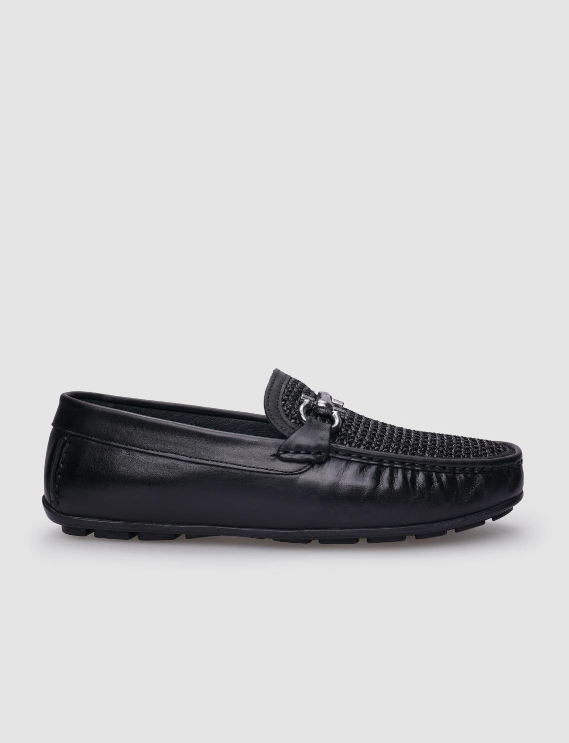 Cabani %100 Hakiki Deri Siyah Örgü Detaylı Erkek Loafer