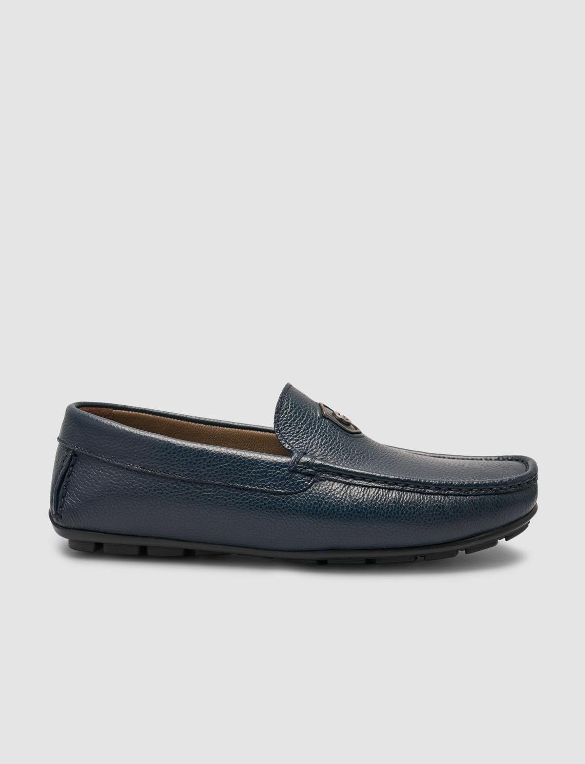 Cabani %100 Hakiki Deri Lacivert Logo Detaylı Erkek Loafer Ayakkabı