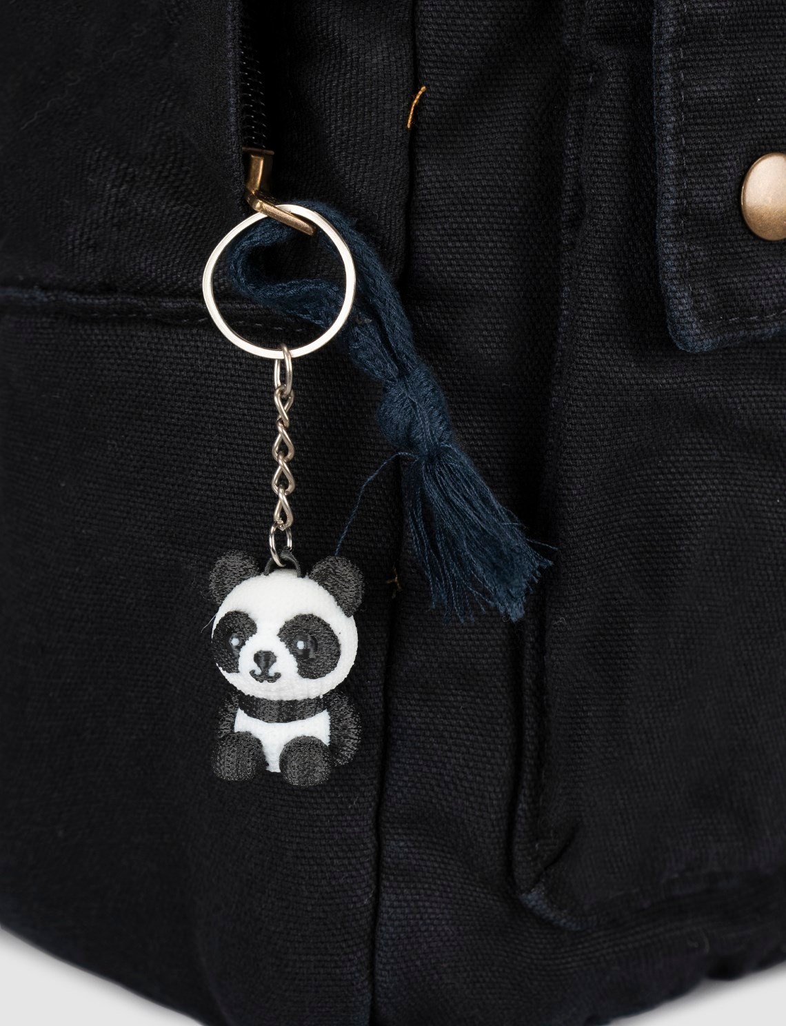 Cabani Siyah Baskılı Keten Unisex Sırt Çantası görsel 4