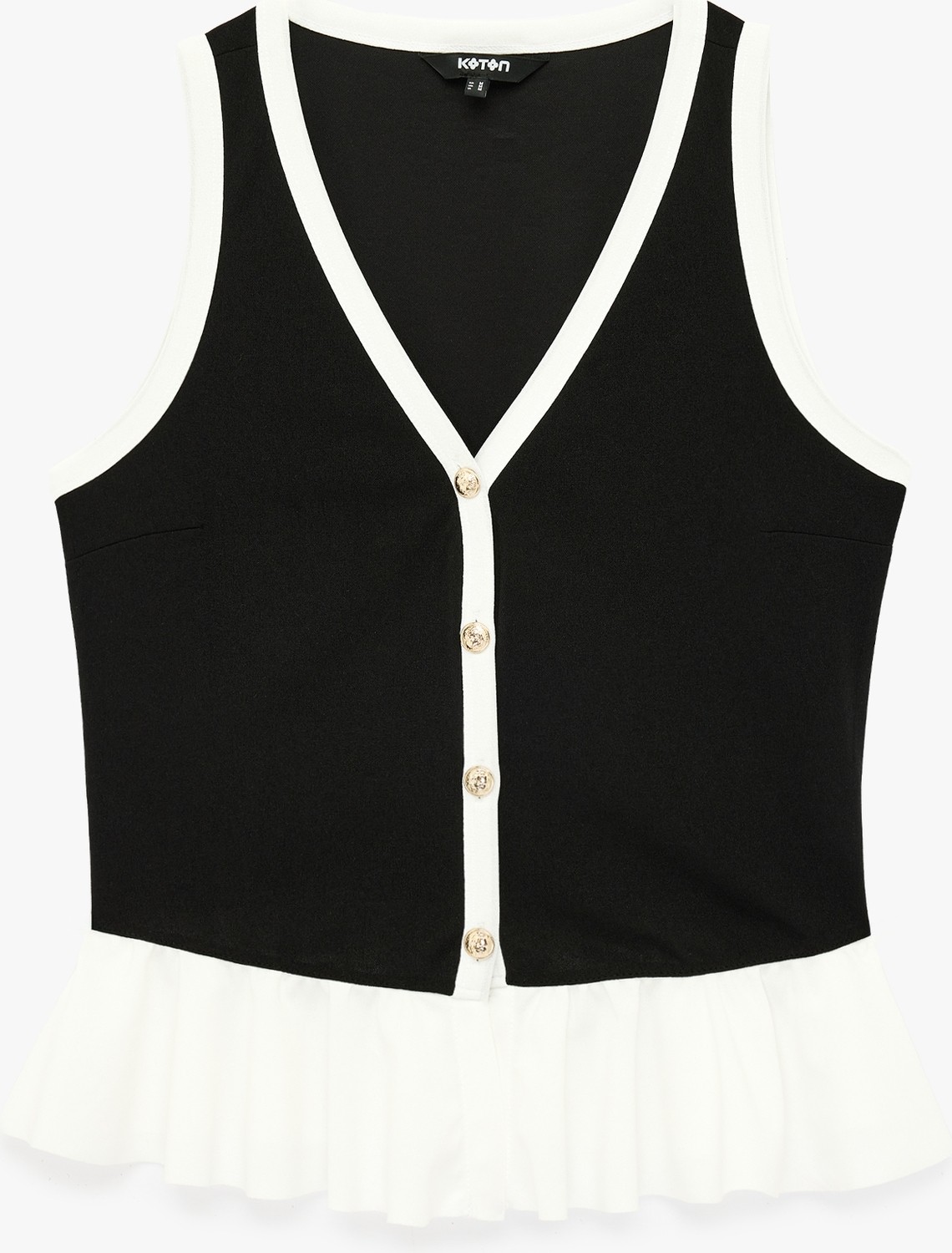 Koton Renk Kontrastlı Krep Scuba Kumaş Kolsuz Düğmeli V Yaka Fırfırlı Peplum Bluz görsel 4