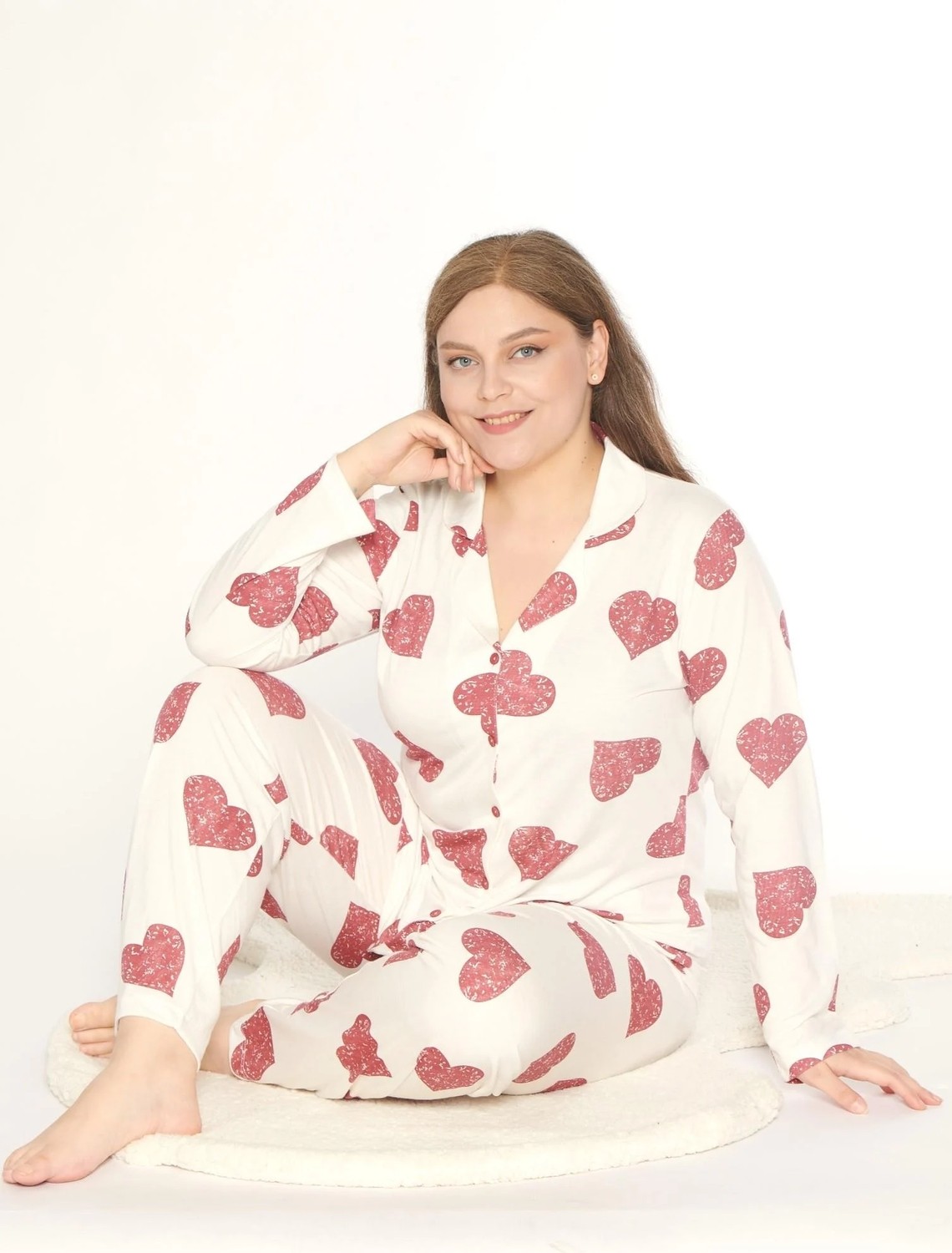 Boydan Düğmeli Battal Kalp Desen Uzun Kol Pijama Takım Mevsimlik Alperi B790-47 görsel 4