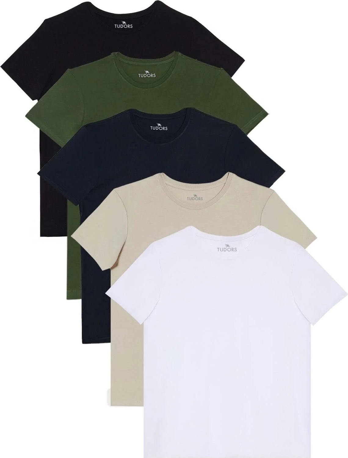 Tudors Unisex 5'li Paket Siyah-Beyaz-Taş-Kırmızı-Mavi Slim Fit Dar Kesim %100 Pamuk Bisiklet Yaka Tişört