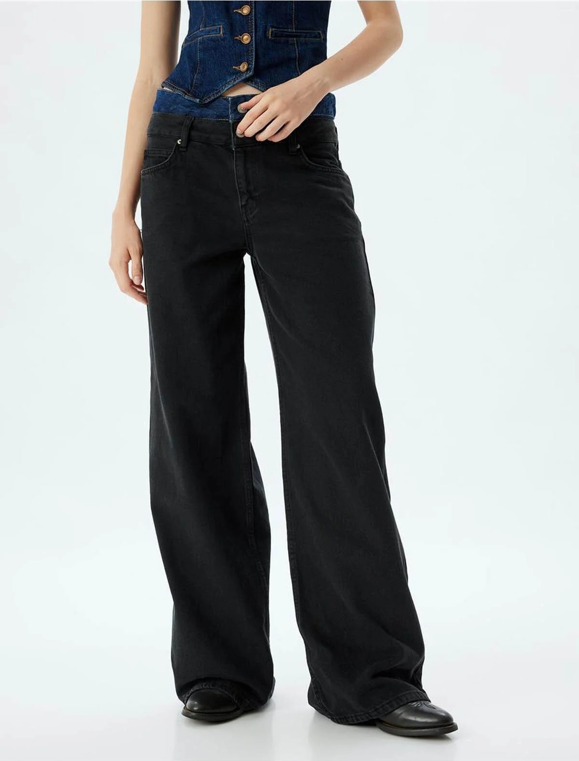 Koton Bol Kot Pantolon Çift Bel Detaylı Düğmeli Yıkamalı Loose Straight Fit Jean görsel 3