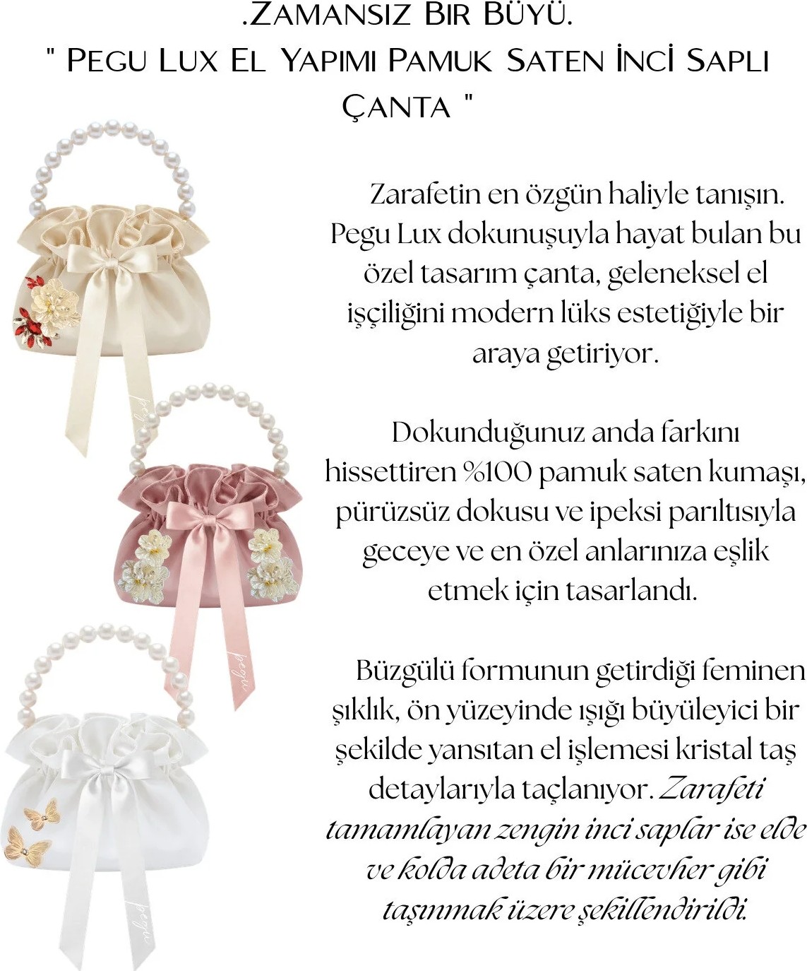 Pegu Ekru Pamuk Saten Çanta, Inci Saplı Saten Büzgü Günlük / Abiye /davet / Kutlama görsel 4