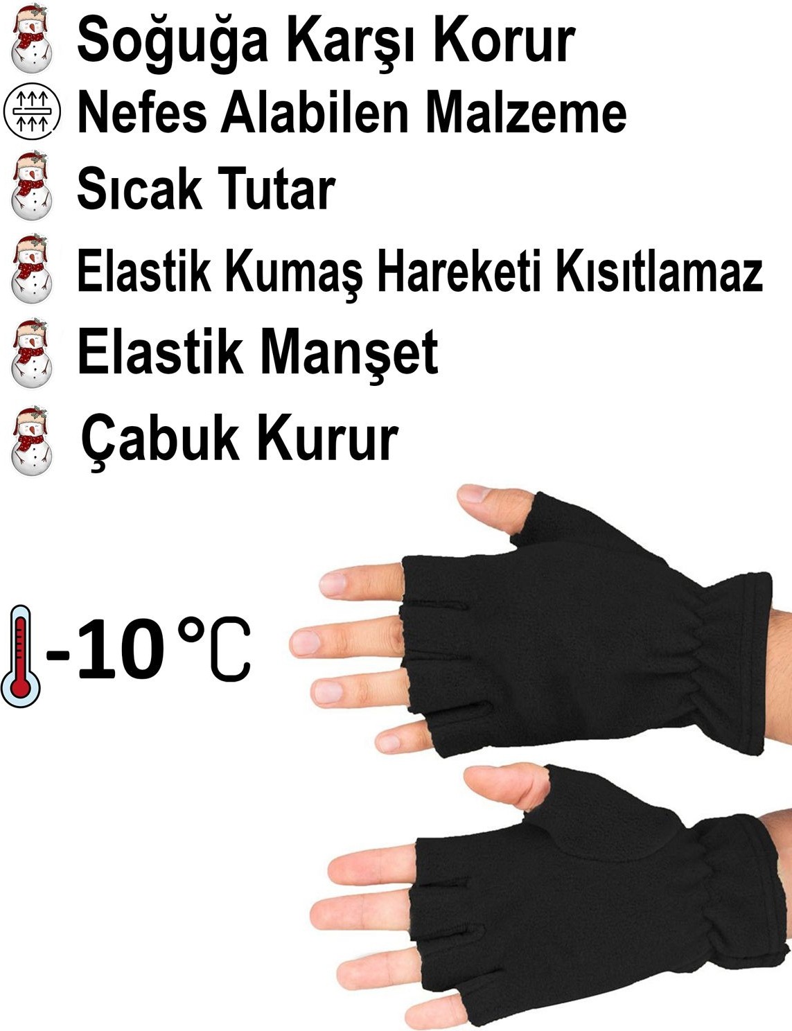 Mediterian Siyah pamuklu polar kesik eldiven, şık ve rahat kullanım için ideal seçim görsel 2
