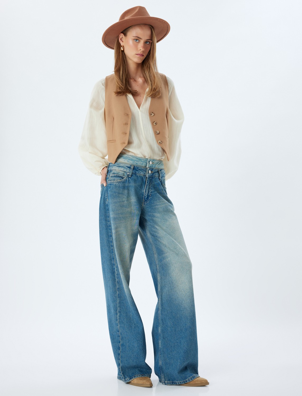 Koton Bol Kot Pantolon Çift Bel Detaylı Düğmeli Yıkamalı Loose Straight Fit Jean