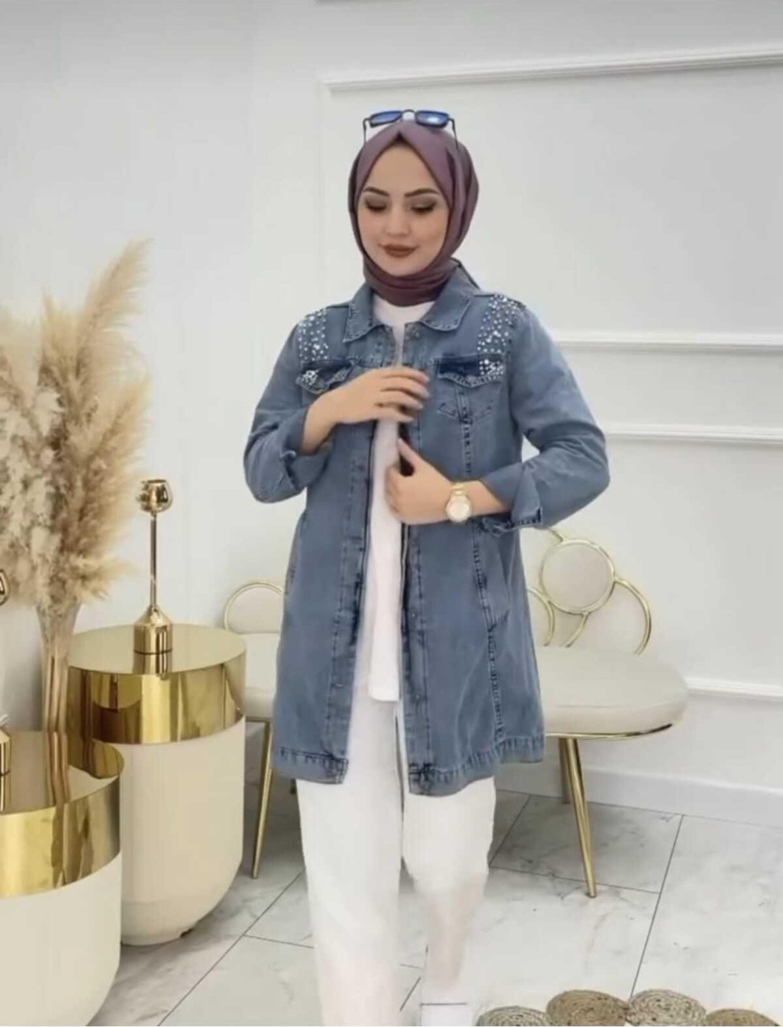 Harman Butik Kadın Taşlı Kot Ceket Mavi Dokuma Kumaş Normal Kalıp Günlük Tarz Cepli görsel 3