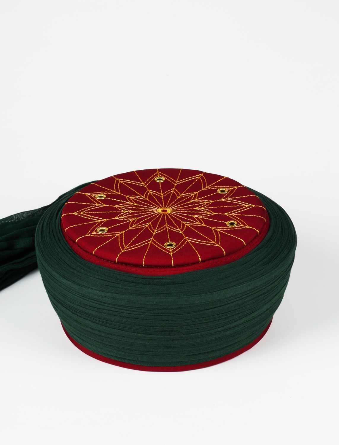 Sarıkhane Talebe Sarığı - Yeşil Kumaş - Bordo Takke - Düz Sarım - Kuş Gözü - 7 Metre (Züabeli)