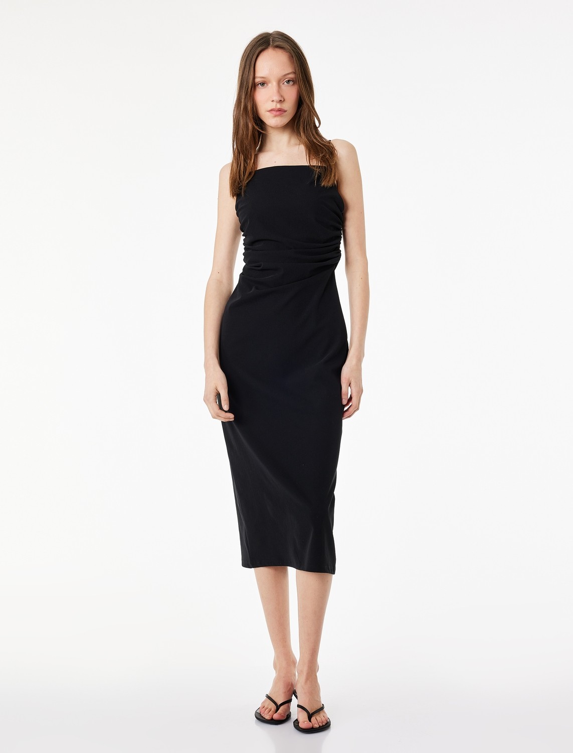 Koton Slim Fit Kare Yaka Ip Askılı Bodycon Midi Drapeli Elbise