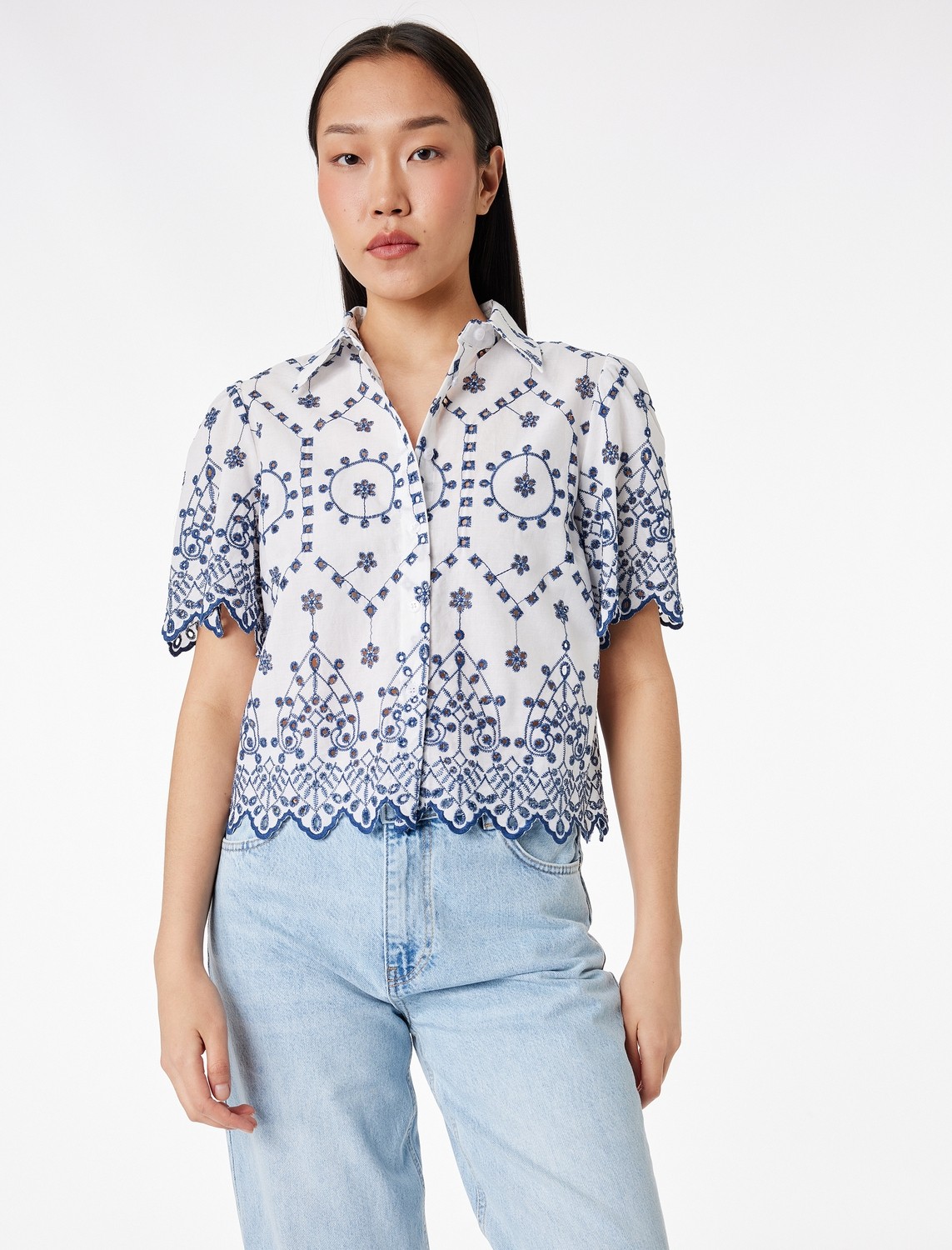 Koton Regular Fit Pamuklu Kısa Kollu Desenli Brodeli Crop Gömlek görsel 2