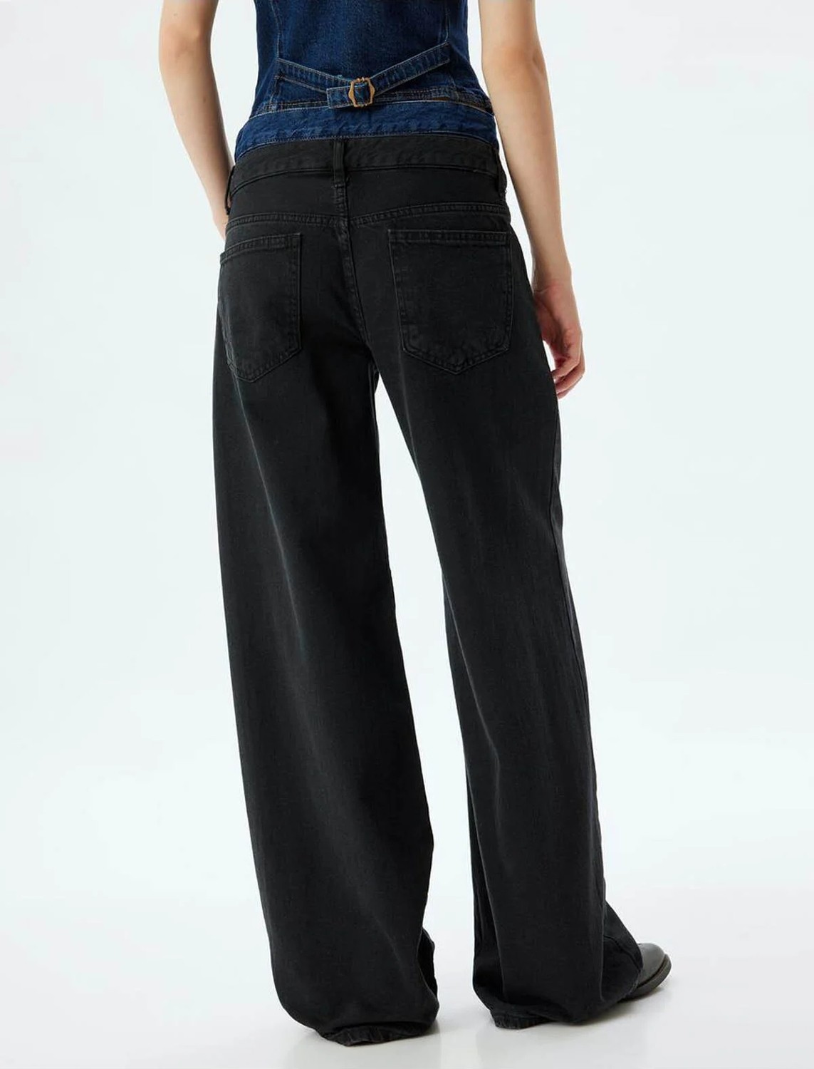 Koton Bol Kot Pantolon Çift Bel Detaylı Düğmeli Yıkamalı Loose Straight Fit Jean görsel 4
