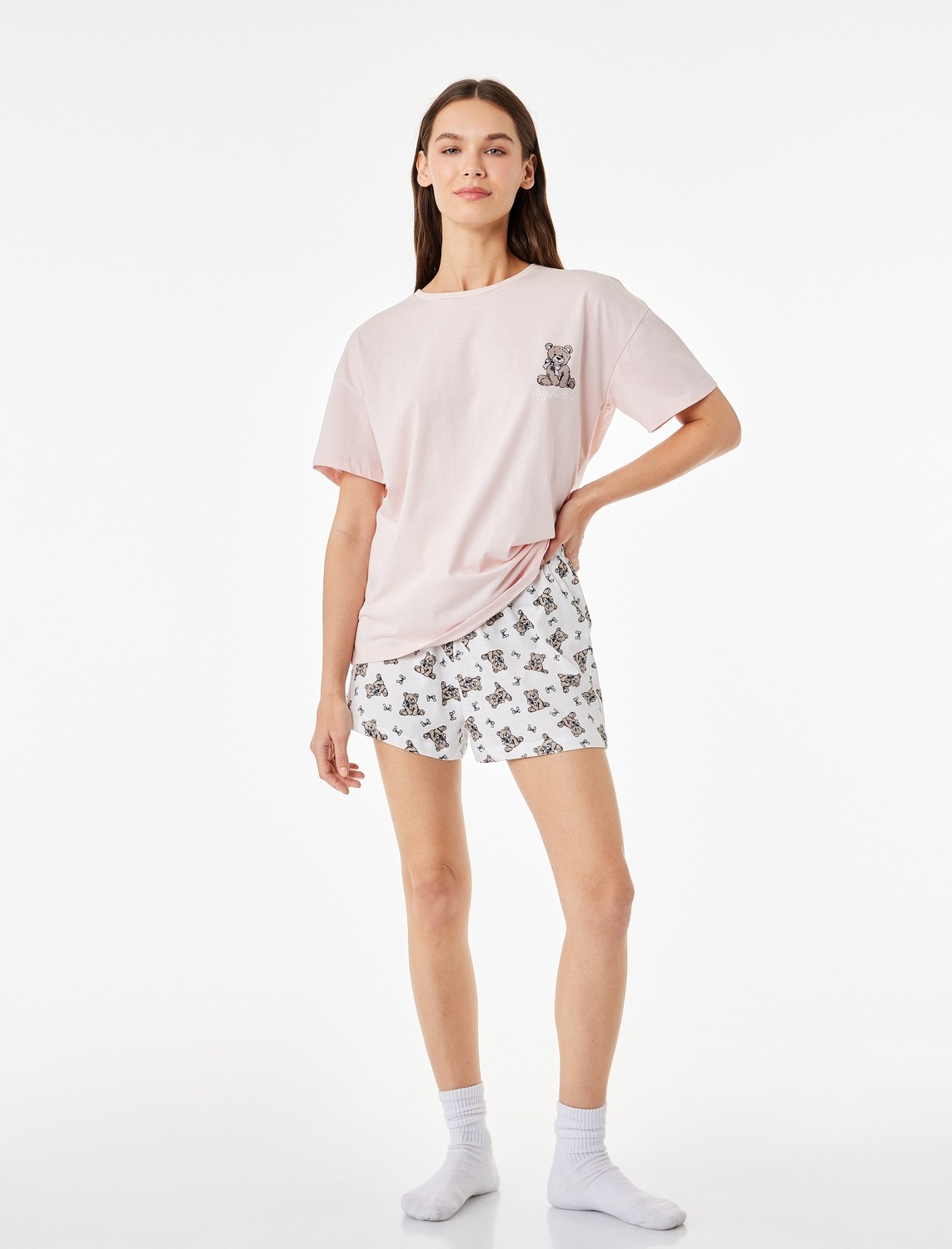 Koton Pamuklu Bisiklet Yaka Kısa Kollu Rahat Kesim Baskılı Pijama Takımı