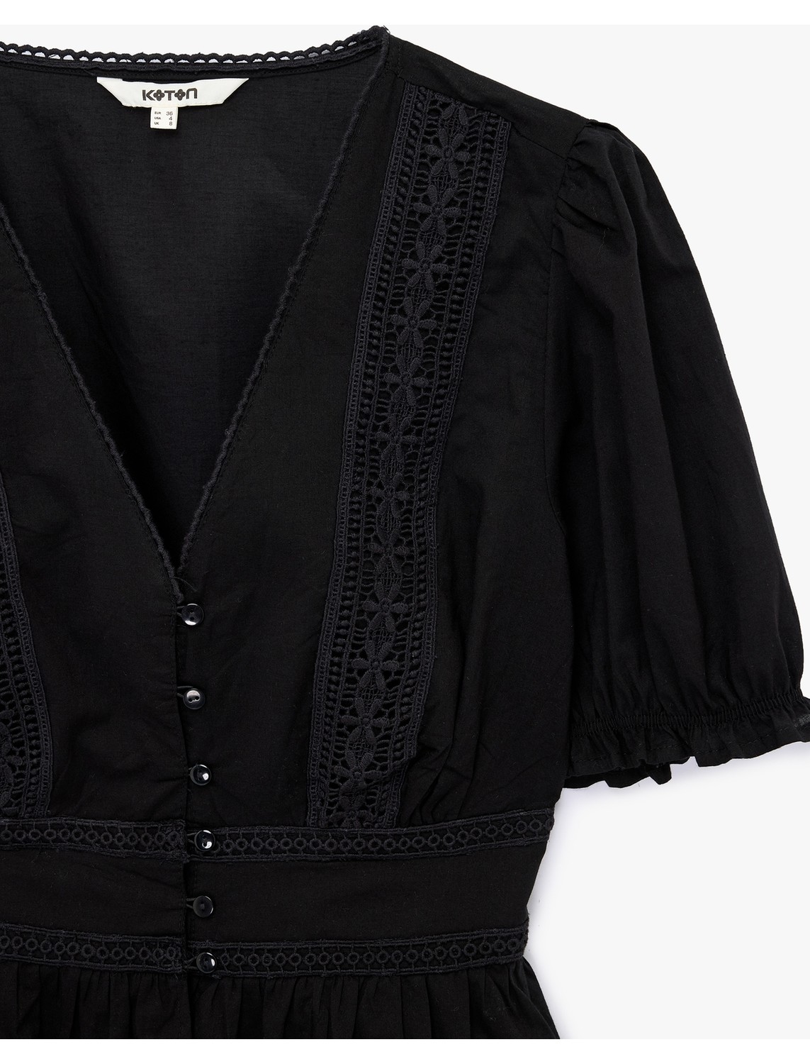 Koton Pamuklu Slim Fit V Yaka Dantelli Kısa Balon Kollu Bluz görsel 8