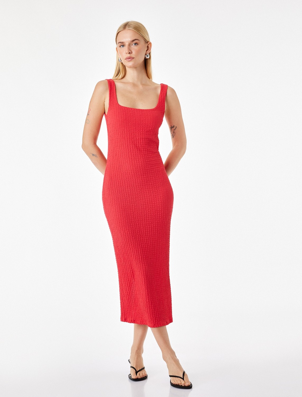 Koton x Sibil Çetinkaya - Kare Yaka Kalın Askılı Kobalt Mavi Bodycon Uzun Kalem Elbise görsel 7
