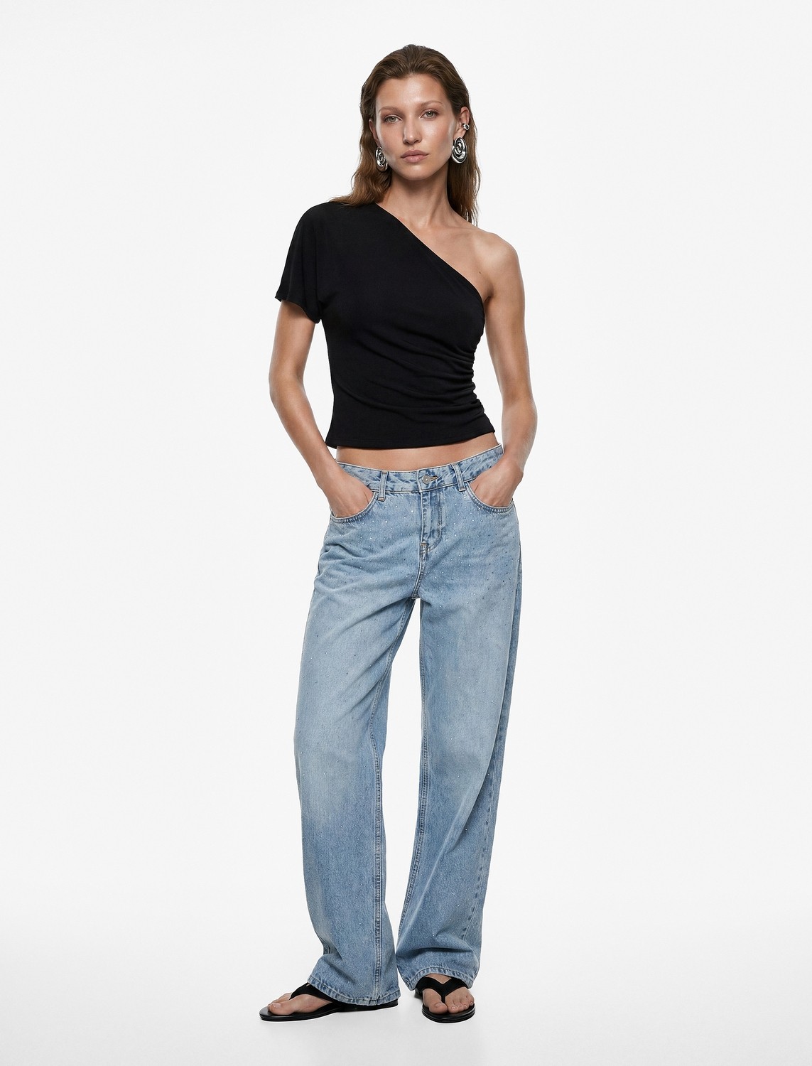 Koton Slim Fit Kısa Kollu Asimetrik Yaka Tek Omuz Bluz görsel 4