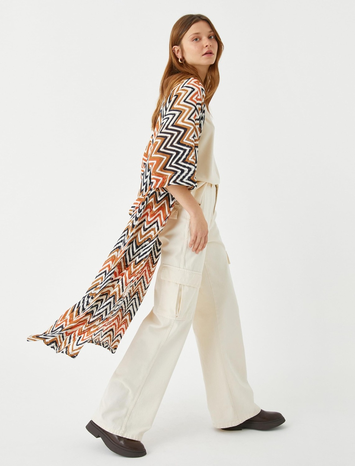 Aesco Koton Zigzag Desenli Uzun Kimono Kuşaklı görsel 3