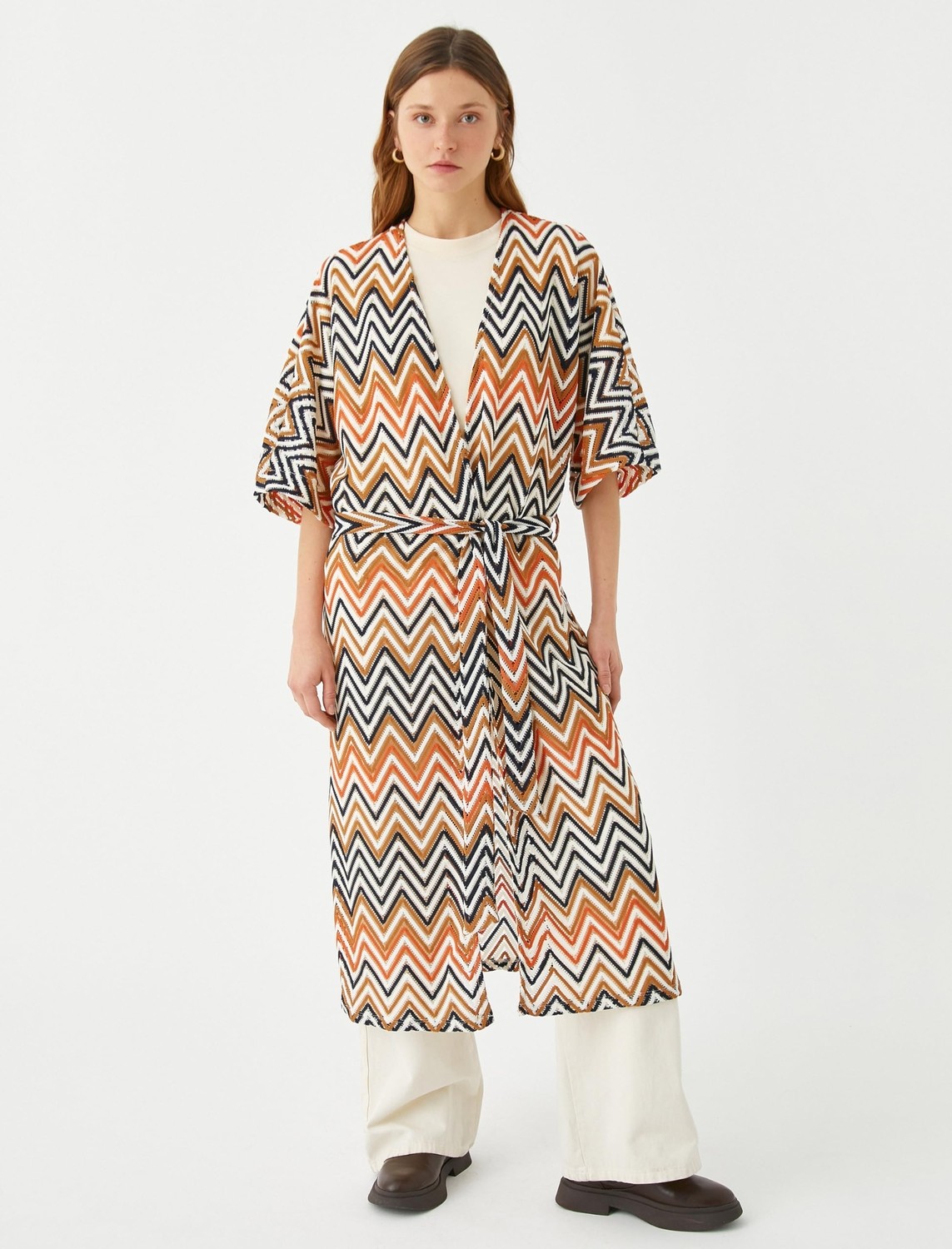 Aesco Koton Zigzag Desenli Uzun Kimono Kuşaklı görsel 4