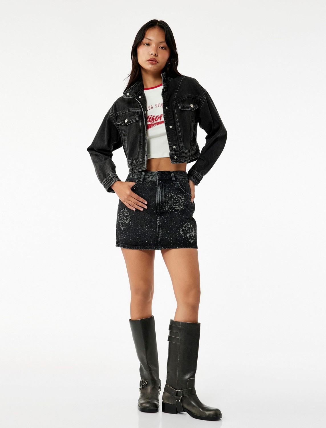 Die Grup Taş Detaylı Cepli Pamuklu Mini Denim Etek