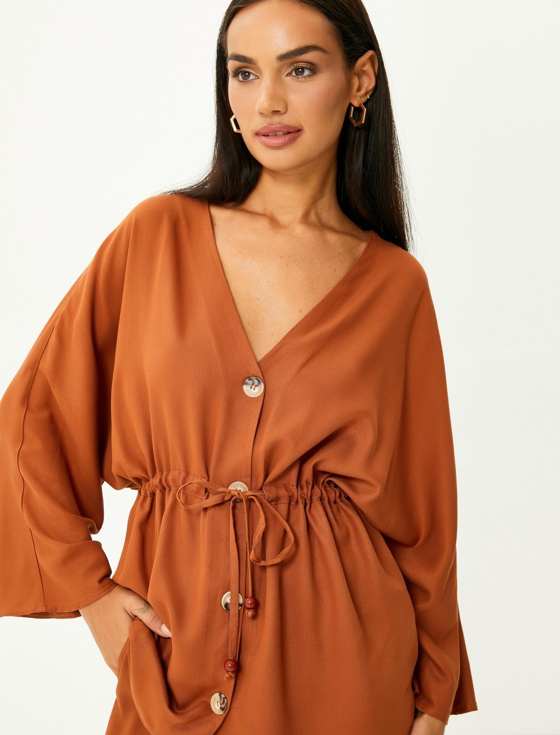 Aesco Kimono Geniş Kollu Düğmeli Beli Bağcıklı V Yaka görsel 2