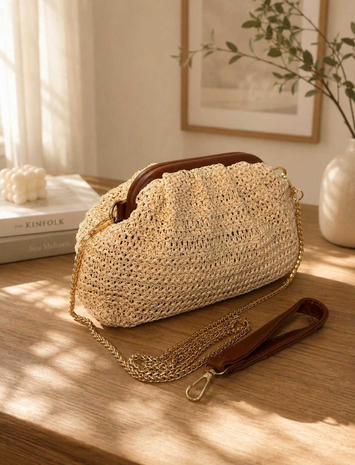 Zarena Official Sahara Straw - Hasır Örgü Zincir Askılı Portföy El ve Omuz Çantası - Kilitli Küçük Boy Clutch görsel 3