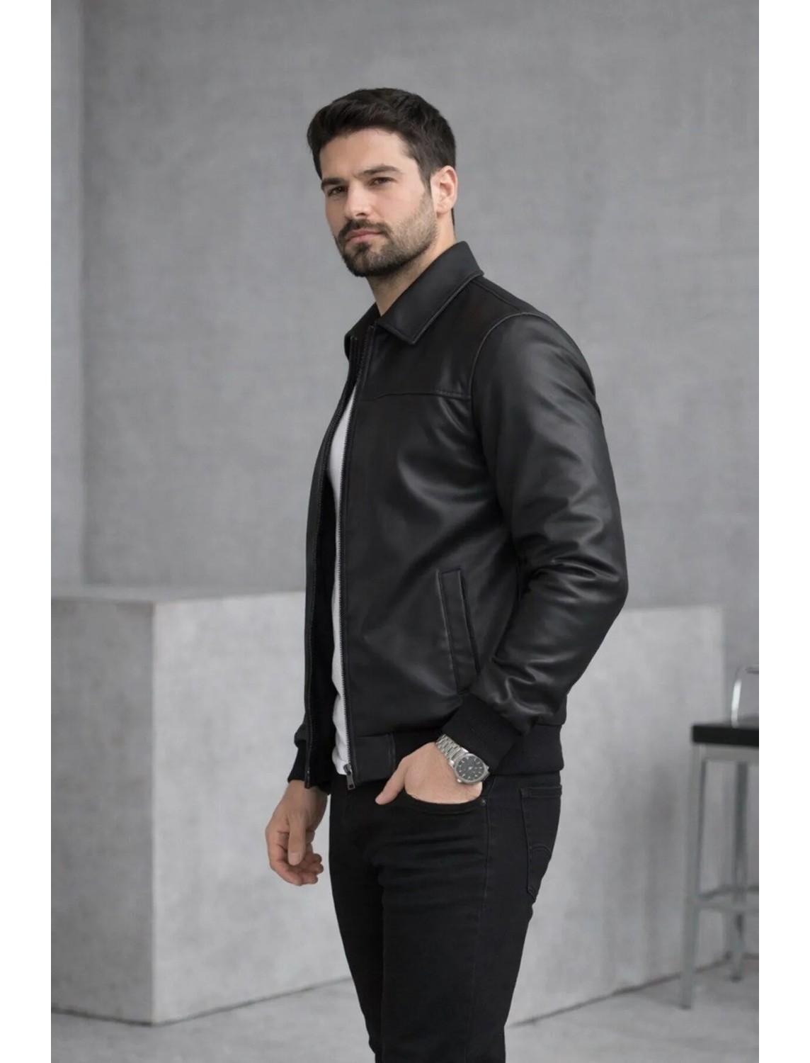 Baselco Basic Slim Fit Polo Yakalı Deri Ceket görsel 8