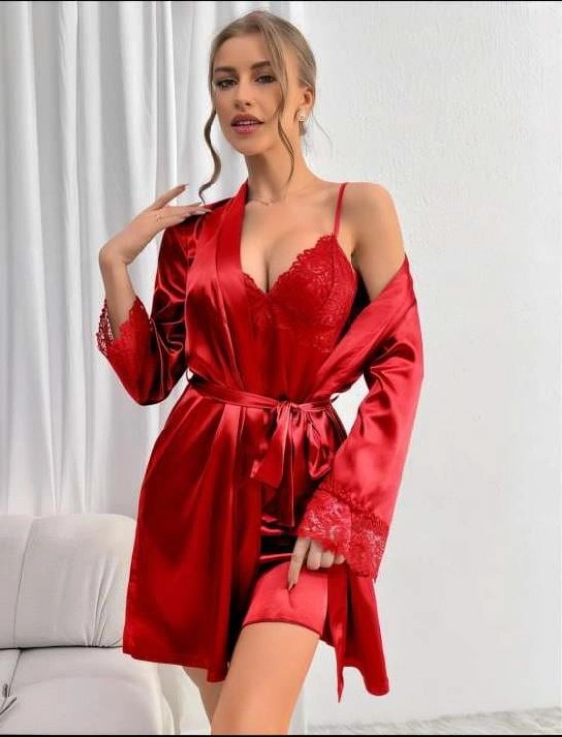 Hace Bazaar Marsilyan- Dantel Işlemeli Ince Askılı Kırmızı Saten 2'li Gecelik Sabahlık Takımı görsel 2