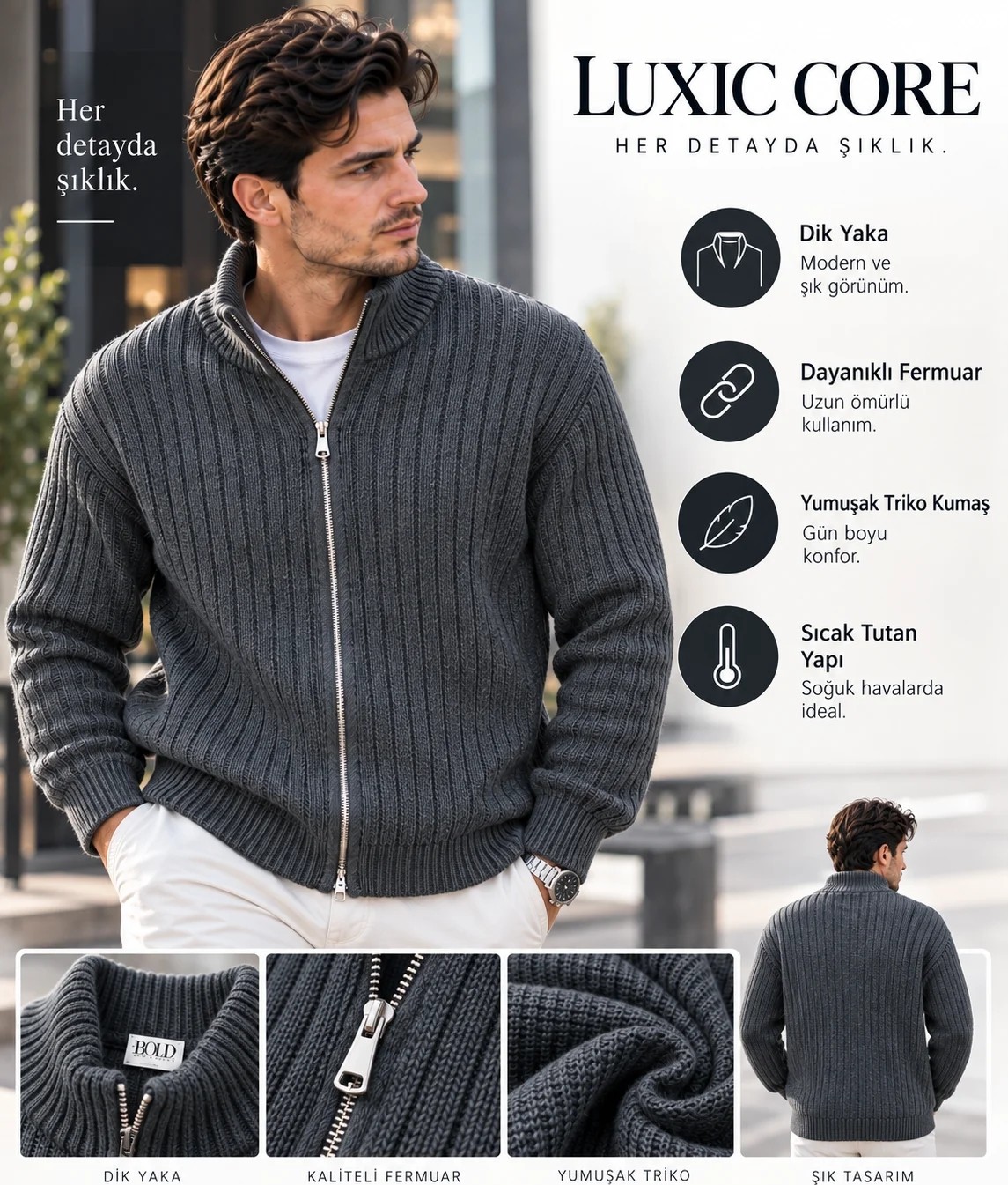 Luxic Core Luxıc Core Erkek Fermuarlı Triko Hırka Dik Yaka Şık ve Rahat Günlük Kazak