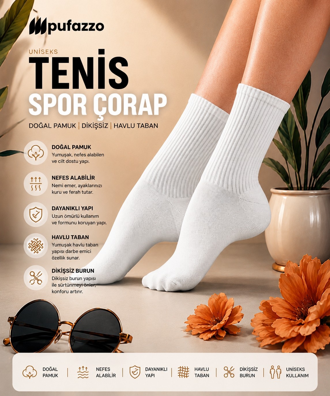 Pufazzo Erkek Beyaz Spor Çorap 6'lı Set - Doğal Pamuk, Dikişsiz, Havlu Taban Tenis Çorabı, Soket Çorap görsel 4