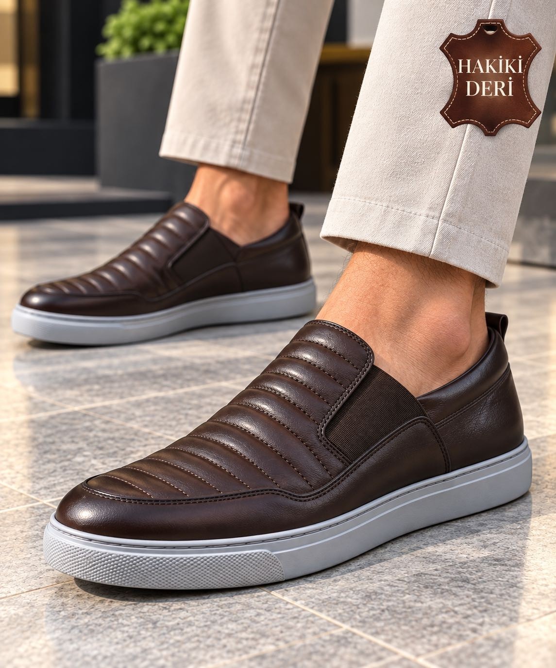 Zueofficial Hakiki Deri Erkek Ayakkabı Kahverengi Bağcıksız Günlük Casual Comfort Slip On görsel 2