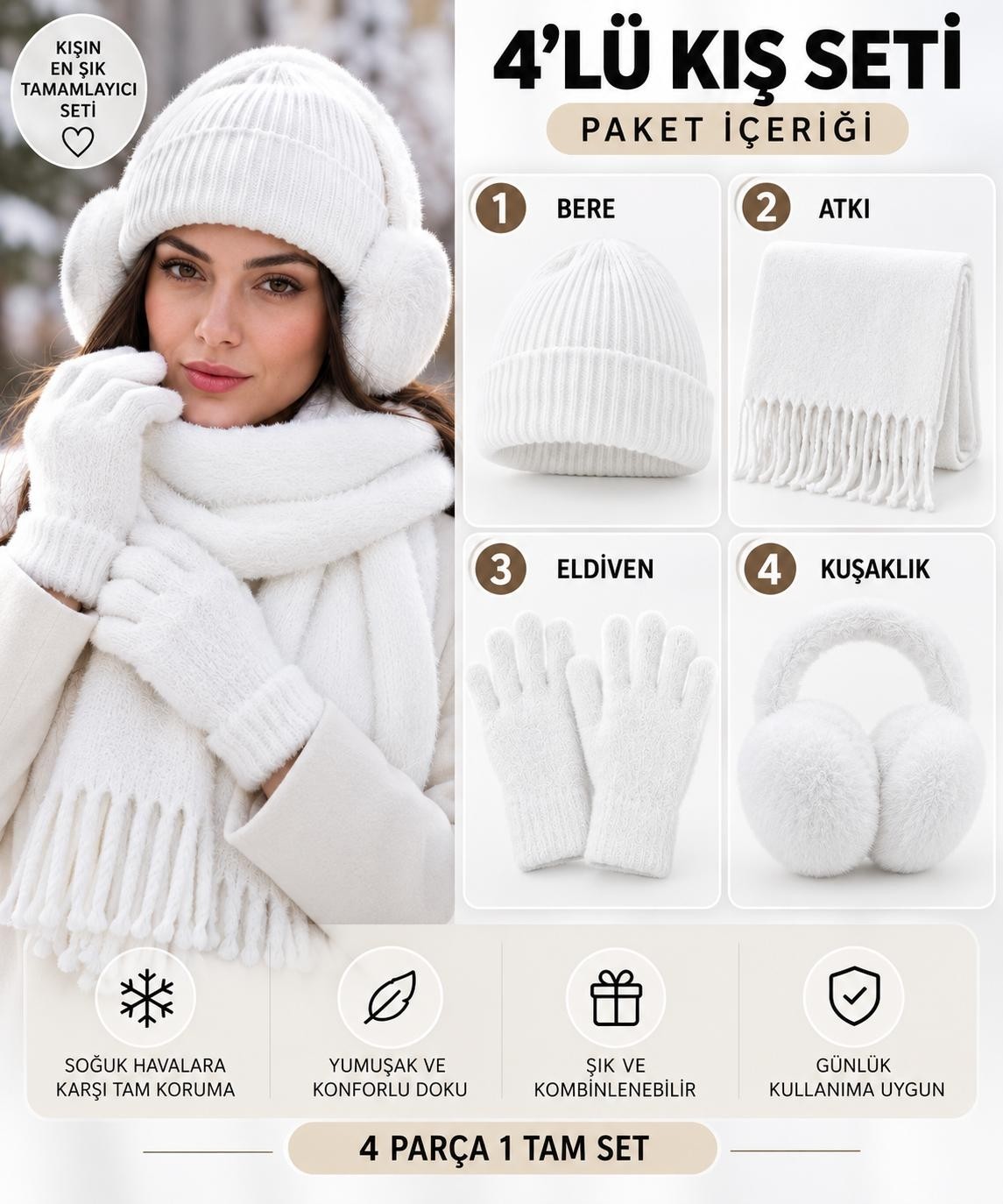 Wearflawless Kadın 4'lü Kışlık Set, Bere, Atkı, Eldiven, Kulaklık, Sıcak Yumuşak Kış Aksesuar Hediye Seti görsel 6