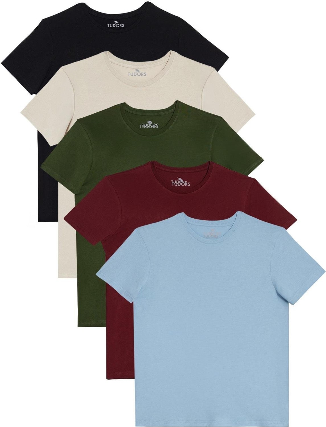 Tudors Unisex 5'li Paket Siyah-Beyaz-Taş-Kırmızı-Mavi Slim Fit Dar Kesim %100 Pamuk Bisiklet Yaka Tişört