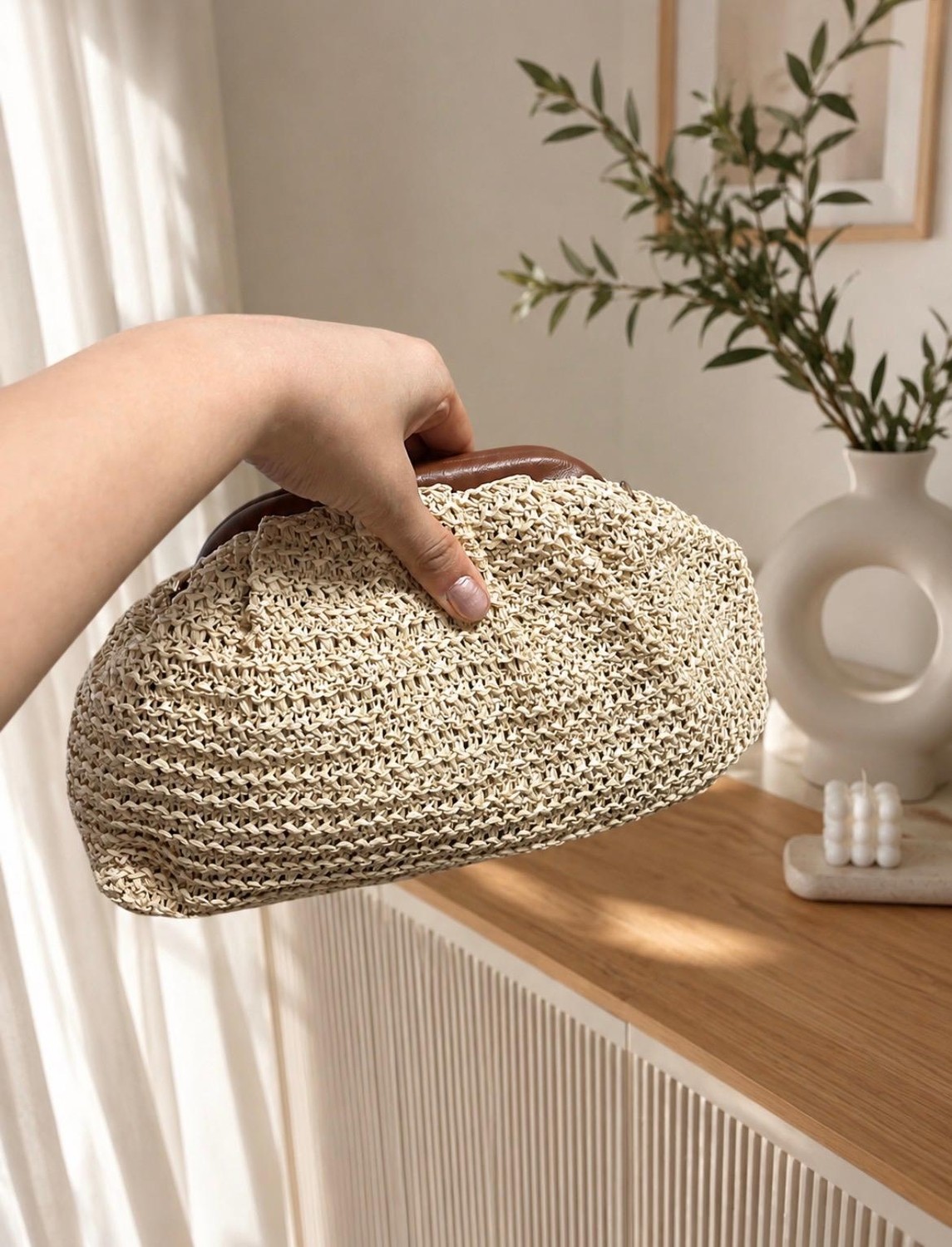 Zarena Official Sahara Straw - Hasır Örgü Zincir Askılı Portföy El ve Omuz Çantası - Kilitli Küçük Boy Clutch görsel 2