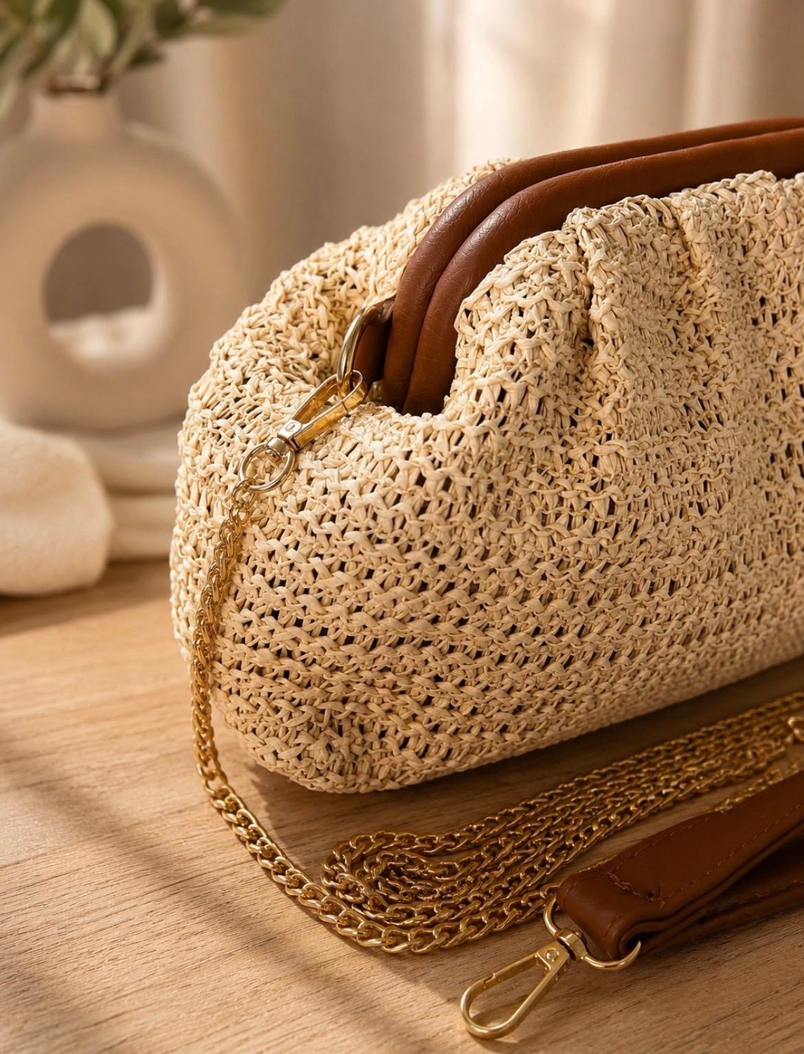 Zarena Official Sahara Straw - Hasır Örgü Zincir Askılı Portföy El ve Omuz Çantası - Kilitli Küçük Boy Clutch görsel 4