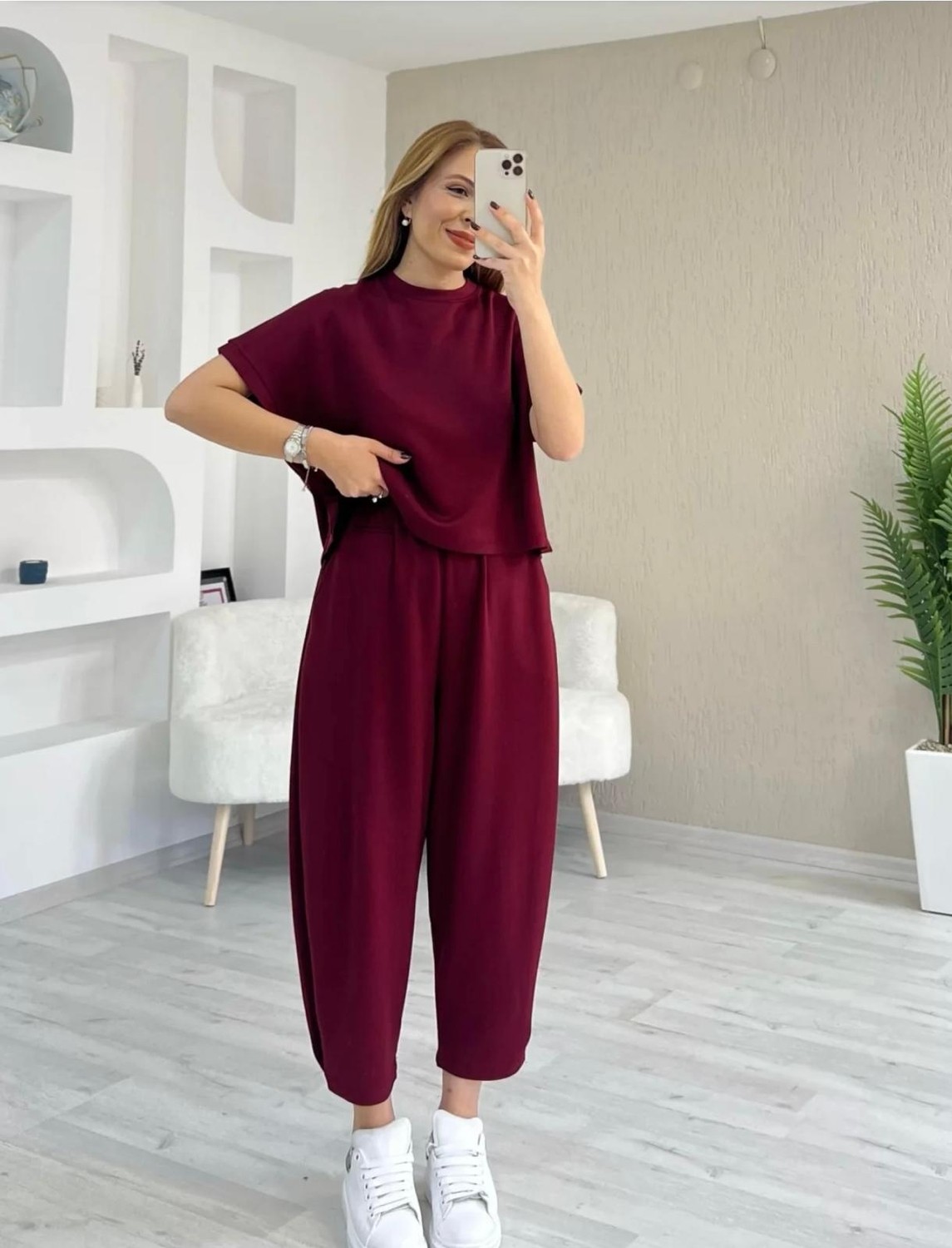 Trending Size Modal Dokulu Kısa Kol Şalvar Takım