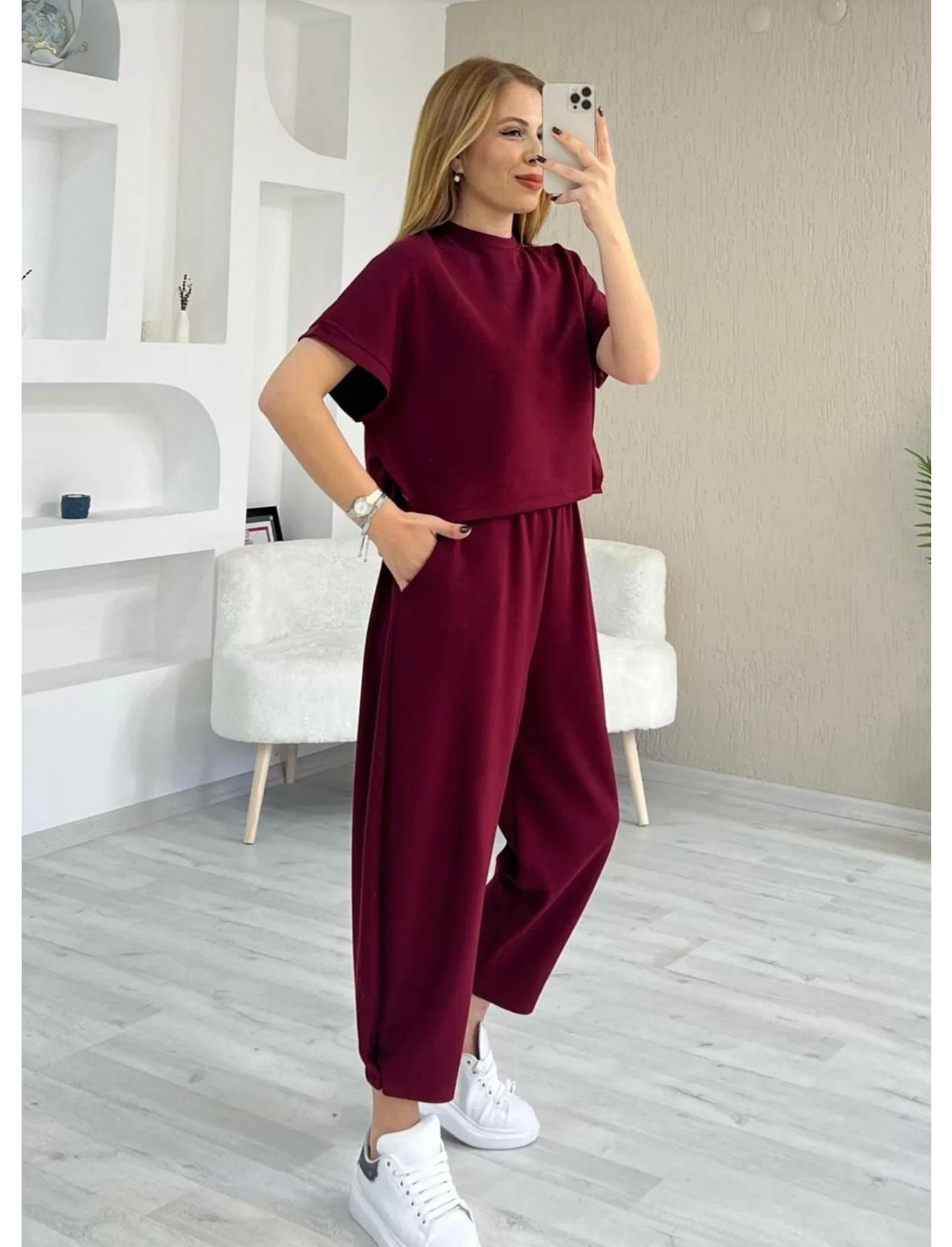 Trending Size Modal Dokulu Kısa Kol Şalvar Takım görsel 2