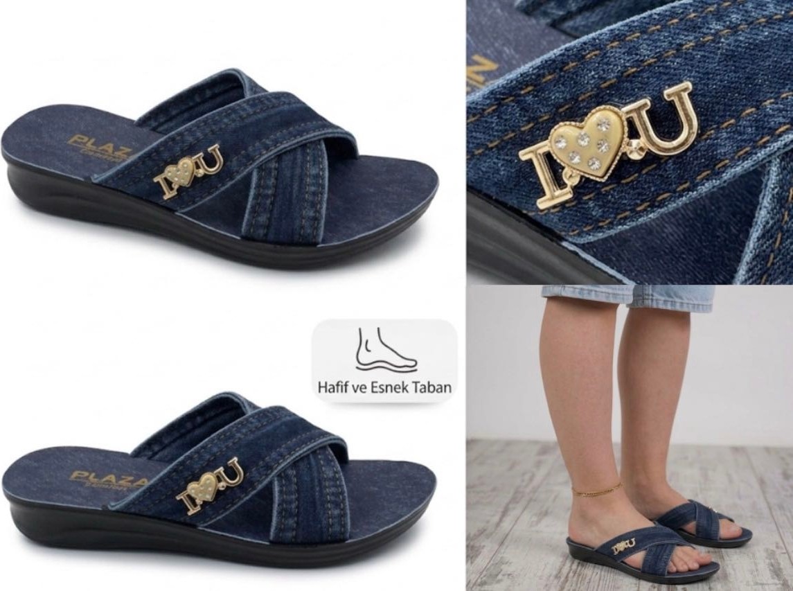 Plaza Comfort Kadın Kot Görünümlü Çapraz Bantlı Ortopedik Günlük Terlik Lacivert görsel 3