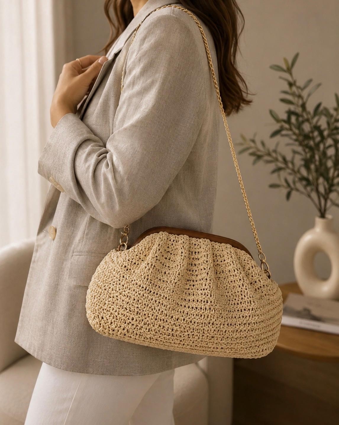 Zarena Official Sahara Straw - Hasır Örgü Zincir Askılı Portföy El ve Omuz Çantası - Kilitli Küçük Boy Clutch