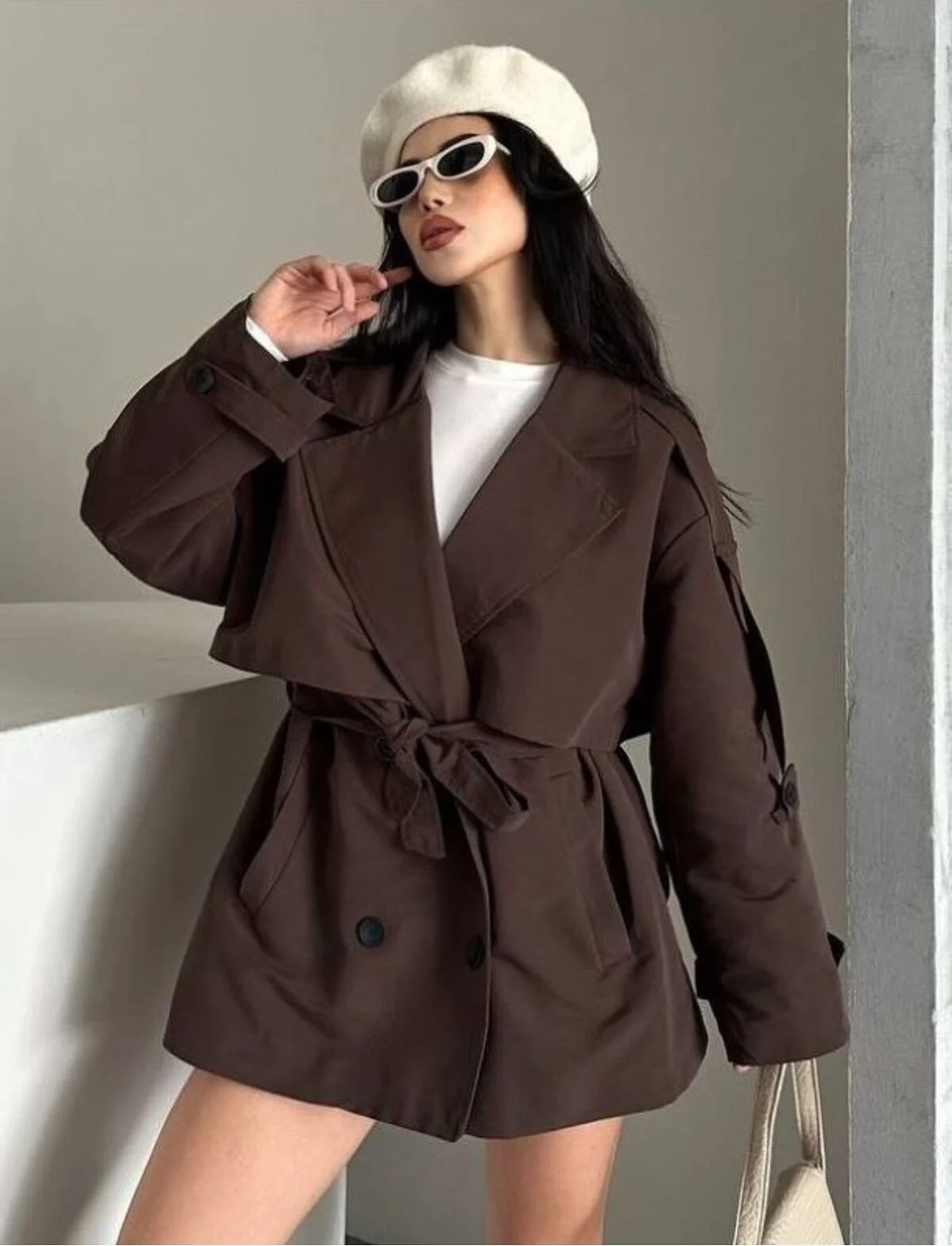 Vess Moda Kadın Haki Kemer Detaylı Dokuma Kısa Trençkot Kruvaze Yaka ile Şık Görünüm