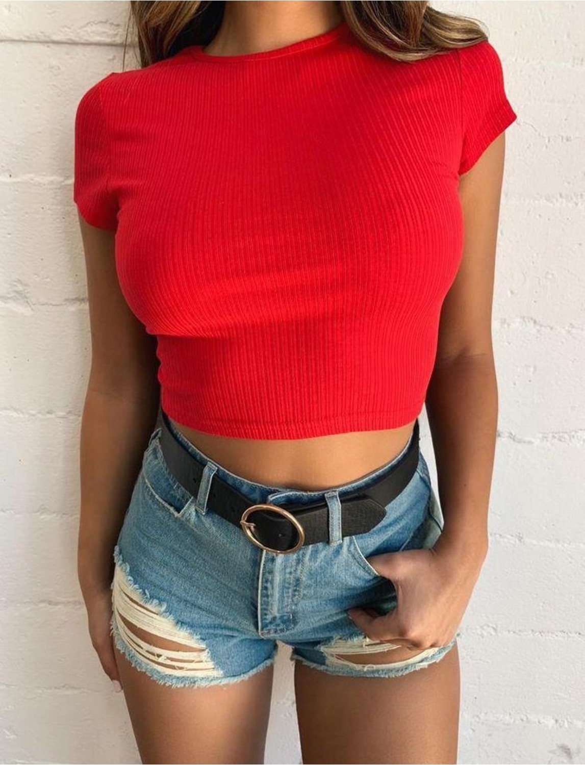 Öz Pamuk Kadın 2'li Adet Siyah Fitilli Bisiklet Yaka Kaşkorse Crop T-Shirt.