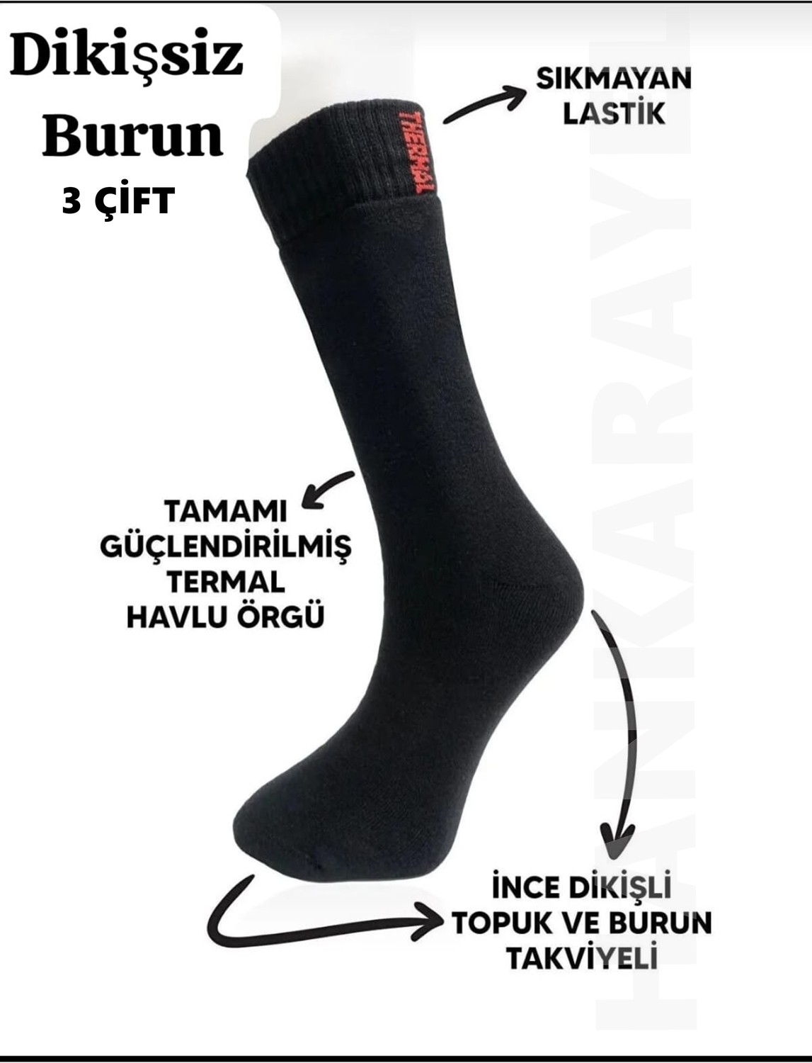 hankarayel 3'lü Paket Unisex Dikişsiz Termal Kışlık Kalın Havlu Çorap görsel 4