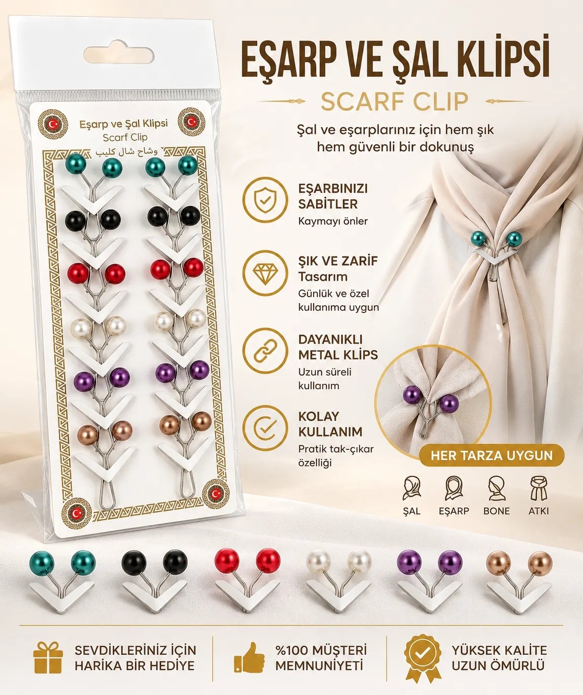 Manolyaşal İslamic Hijab Eşarp & Şal Klipsi 12’li görsel 3