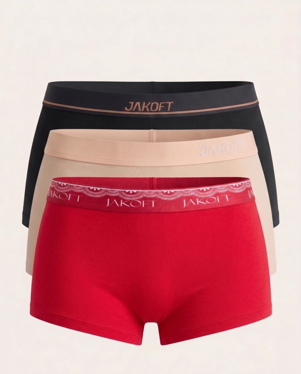 Jakoft Classic Pamuklu Kadın Boxer 3'lü Paket Kırmızı - Ten - Siyah