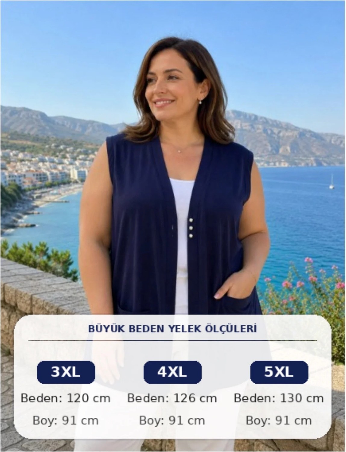 Miss Beyza Lacivert Uzun Yelek Diz Altı Boyu 1 Adet Önden Birit Ilikli Metal Düğme (Iki Cepli) Kaliteli Şık