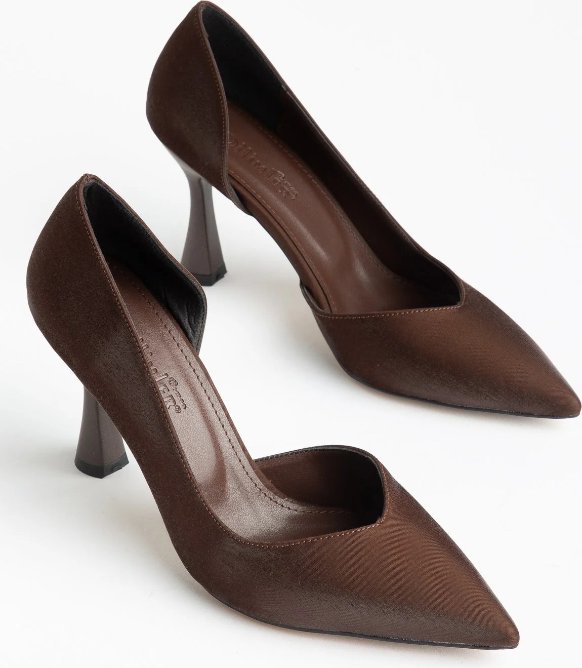 Dilimler Ayakkabı Büyük Beden Kadın Ince Topuklu Stiletto Bordo Parlak Saten Yan Açık