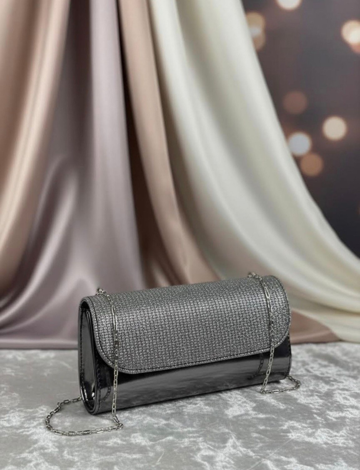 Addy Stardust Metallic Clutch Gümüş Zincirli Abiye Çanta görsel 2